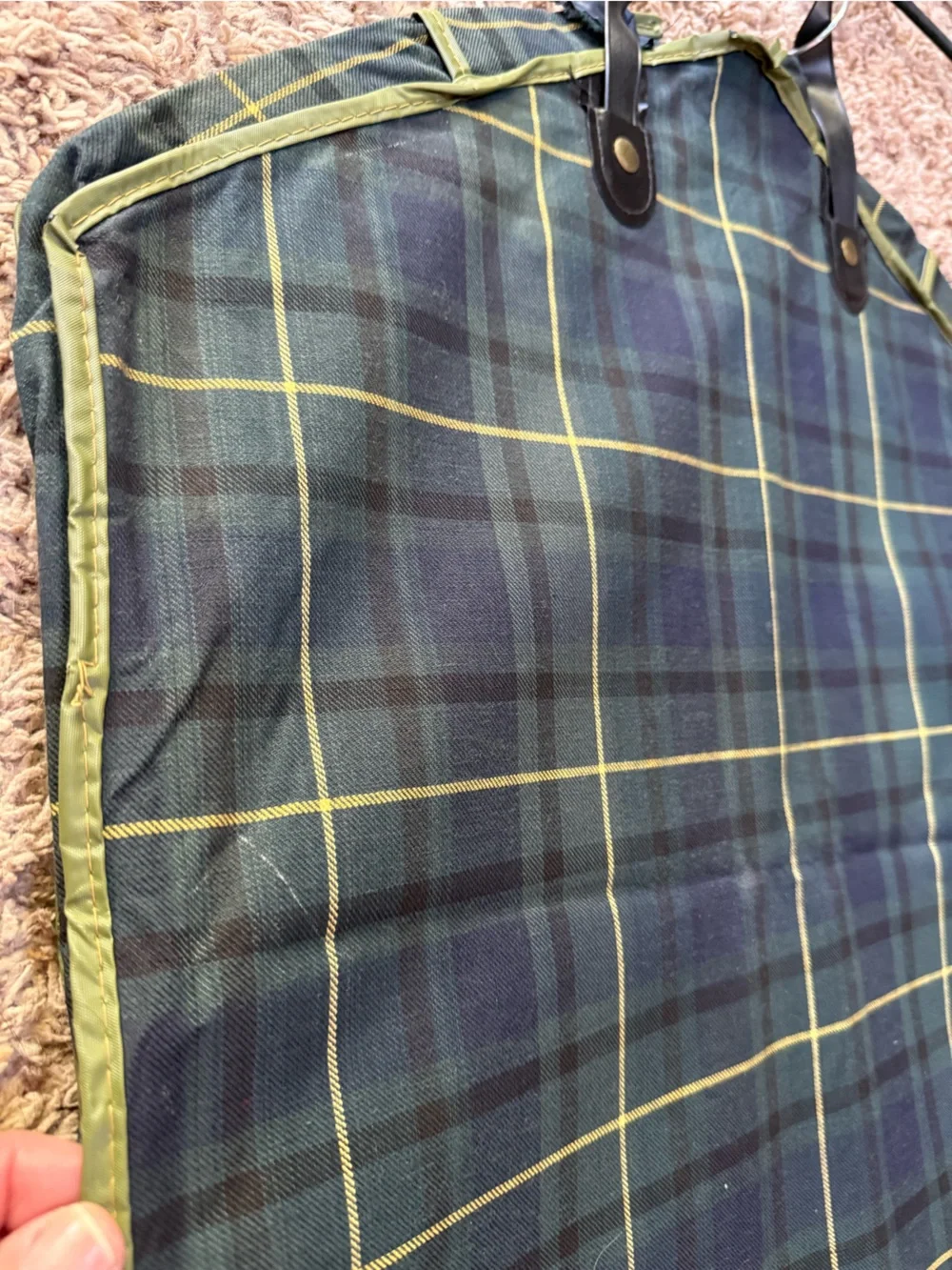 Vintage green/blue tartan plaid vinyl garment bag with zip and folded handles